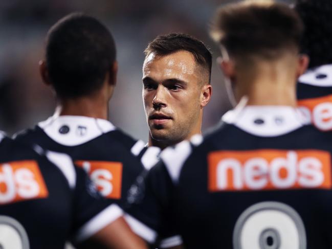 SYDNEY, AUSTRALIA - MAY 08: Luke Brooks of the Tigers talks to team mates after a Titans try during the round nine NRL match between the Wests Tigers and the Gold Coast Titans at Campbelltown Sports Stadium, on May 08, 2021, in Sydney, Australia. (Photo by Matt King/Getty Images)