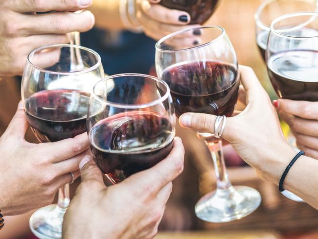 Hands toasting red wine and friends having fun cheering at winetasting experience - Young people enjoying harvest time together at farmhouse vineyard countryside - Foucus on glasses with blurred woman