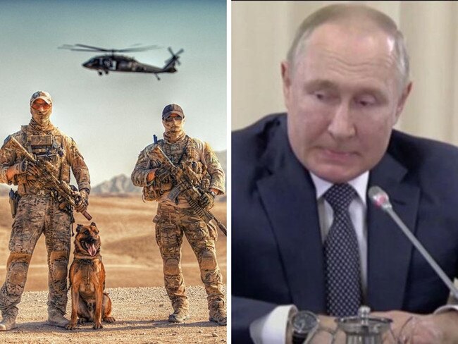 SAS soldiers in Afghanistan pose with a Blackhawk helicopter. The image, left, was stolen by Russia's Wagner Group for an odd PR stunt.