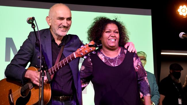 Paul Kelly and Emma Donovan in December 2021 at the launch of Music Market at Collingwood Yards, Melbourne. Picture: NCA NewsWire / Andrew Henshaw