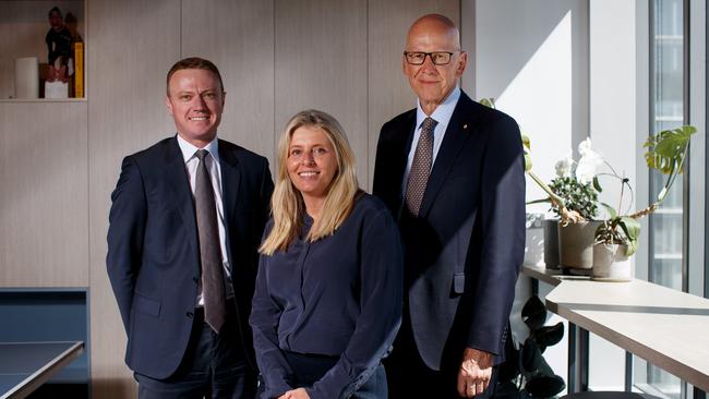 Tom Richardson and Caroline Gurney with Future Generation founder and head of Wilson Asset Management Geoff Wilson in Sydney on Thursday. Picture: Nikki Short