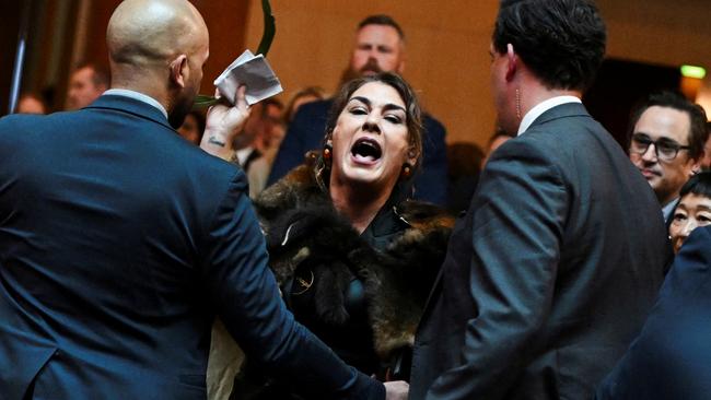 Senator Thorpe stages a protest as King Charles and Queen Camilla attend a Parliamentary reception in Canberra on Monday. Picture: Reuters