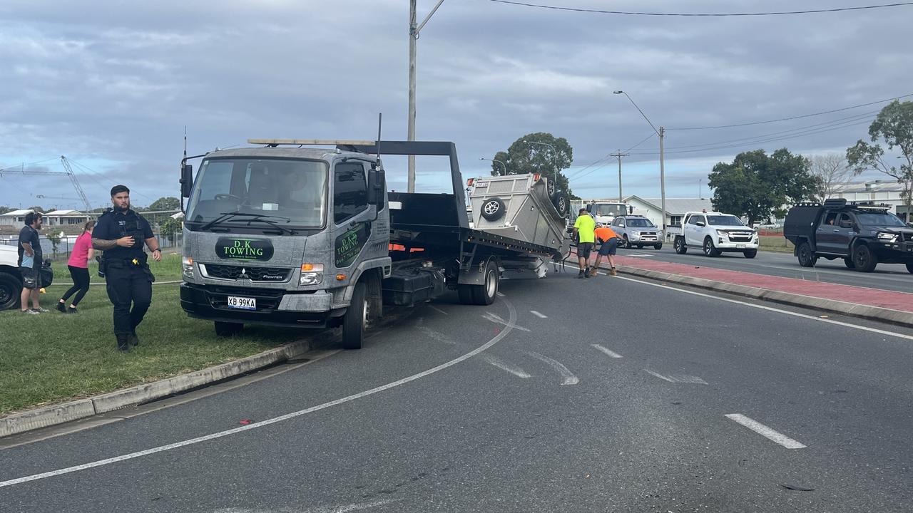 Traffic crash on Beaconsfield Rd, Andergrove in Mackay on June 2, 2025 around 2:40pm. A car allegedly ran a red light, taking out the trailer and flipping it on the corner of Norris Rd. Picture: Luke Lay