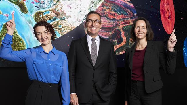 BoM space industry lead Zandria Farrell and Space Weather Services project manager Rebecca Kuster with SA Premier Steven Marshall at Lot Fourteen. Picture: Matt Loxton