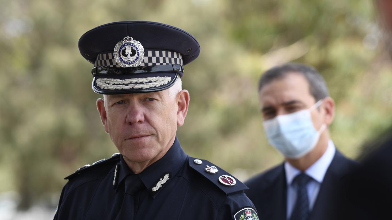 Police commissioner Grant Stevens with Premier Steven Marshall. Picture: NCA NewsWire / Naomi Jellicoe