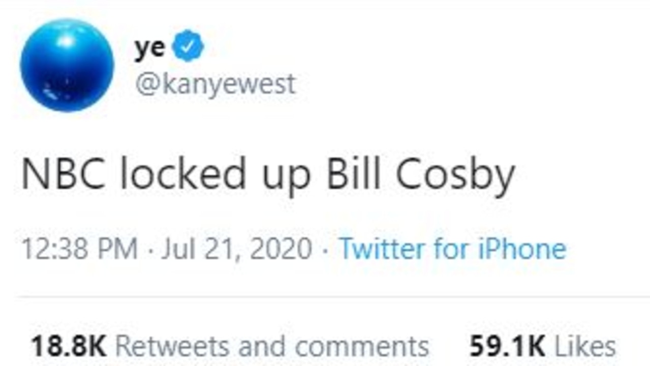 Kanye shared the same opinion of the disgraced actor back in 2016, tweeting that he was innocent. Picture: Twitter.