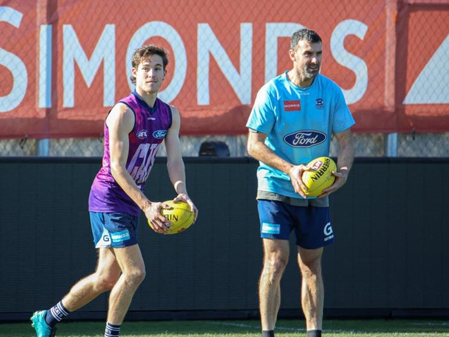 Zane Williams and Nigel Lappin at training. Picture: Geelong Cats