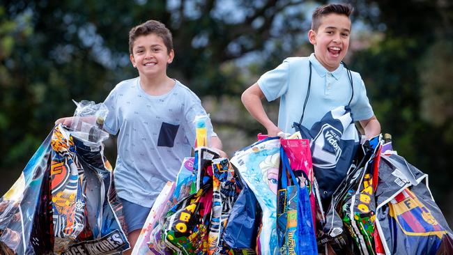 Bailey (11) and Luke (9) Tascone from bentleigh East with this year's showboats from the Royal Melbourne Show.Picture: Jay Town