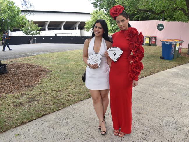 Guests in striking racewear at Penfolds Derby Day at the Flemington Racecourse on Saturday, November 02, 2024: