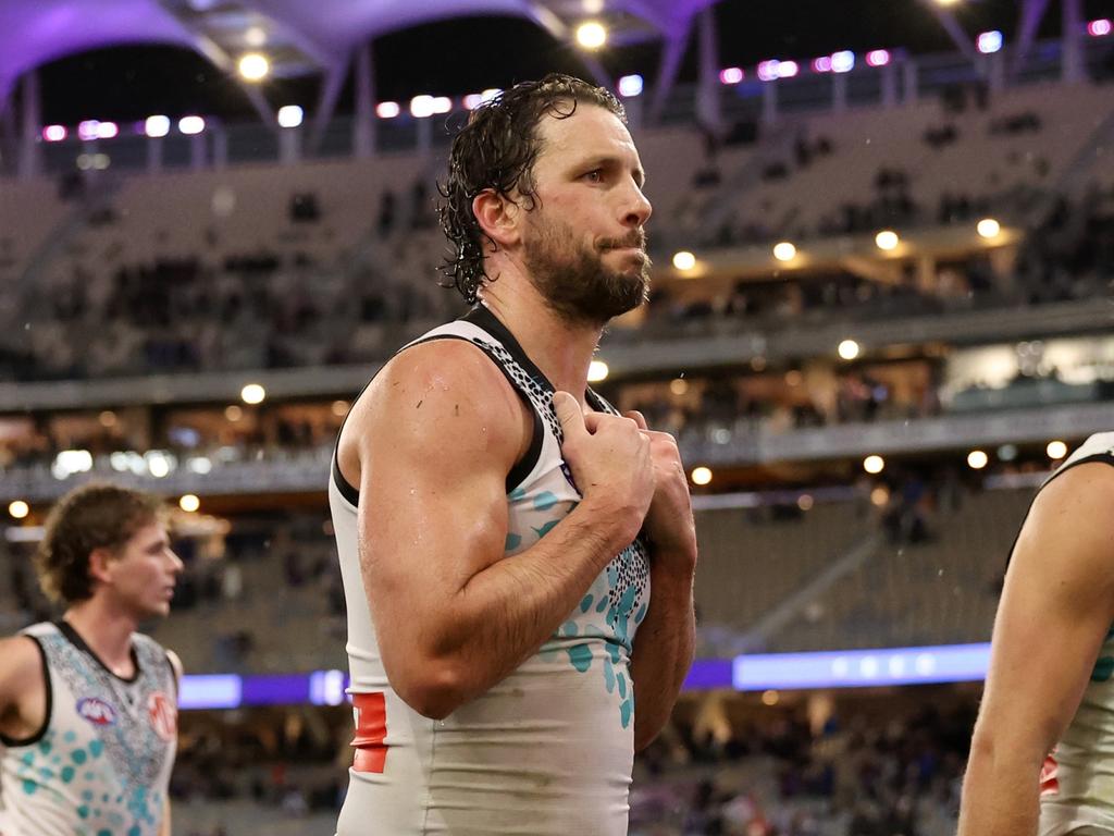 Ken Hinkley’s side has its back to the wall. Picture: Janelle St Pierre/AFL Photos via Getty Images