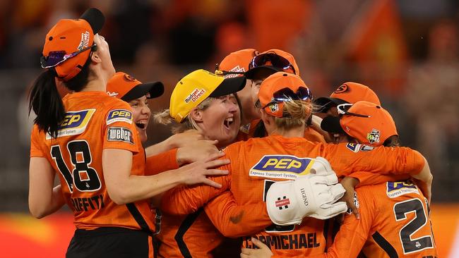 The Scorchers celebrate winning the Women's Big Bash League Final in Perth. Picture: Getty Images