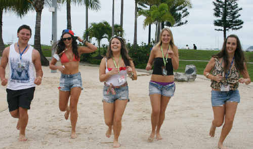 Mat McCurry, Kelsey McCarthy, Megan Sharrock, Emily McDonald and Amy Mills are among almost 3000 Schoolies at Airlie Beach. Picture: Courtney Garnham