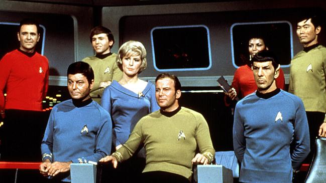 George Takei (right) with other Star Trek cast members (from left) James Doohan, DeForest Kelley, Walter Koenig, Majel Barrett, William Shatner, Nichelle Nichols and Leonard Nimoy.