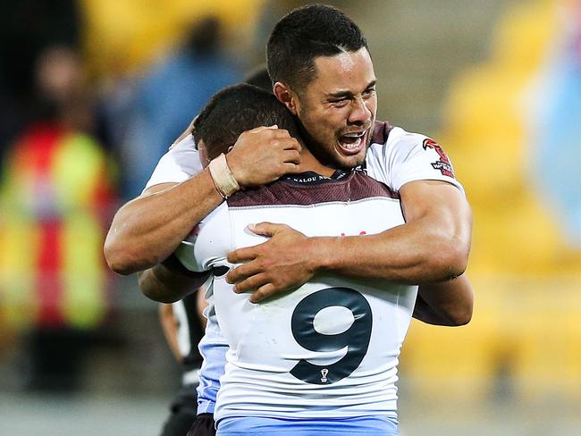 WELLINGTON, NEW ZEALAND - NOVEMBER 18:  Jarryd Hayne and Apisai Koroisau of Fiji celebrate the win during the 2017 Rugby League World Cup Quarter Final match between New Zealand and Fiji at Wellington Regional Stadium on November 18, 2017 in Wellington, New Zealand.  (Photo by Hagen Hopkins/Getty Images)