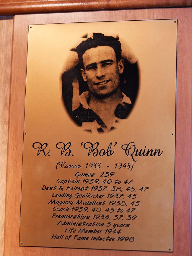 A plaque of Tim Ginever’s Port Adelaide hero, Bob Quinn, which is on display in the Bob Quinn Stand. Picture: Roger Wyman.