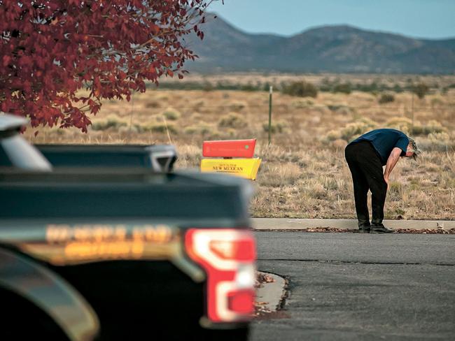 Alec Baldwin is doubled over outside the Santa Fe County Sheriff's offices after the shooting. Picture: Jim Weber/Santa Fe New Mexican