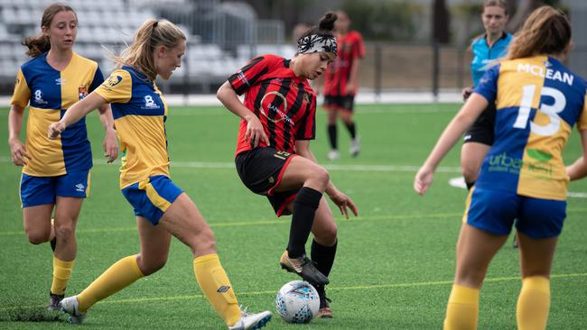 Mary Fowler pictured with the ball for Bankstown City Lions in a 2019 fixture. Picture: Monique Harmer