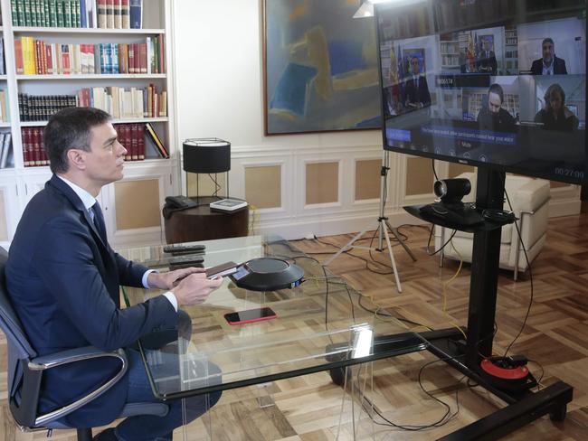 Spanish Prime Minister Pedro Sanchez holding a videoconference. Picture: AFP