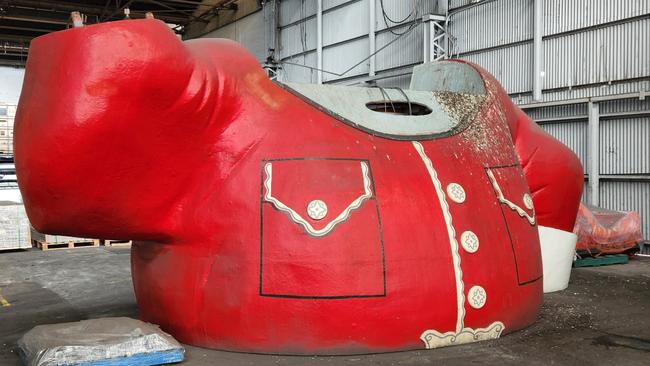 Giant Santa’s pigeon splattered torso in his former storage facility at Kilburn. Picture: Colin James