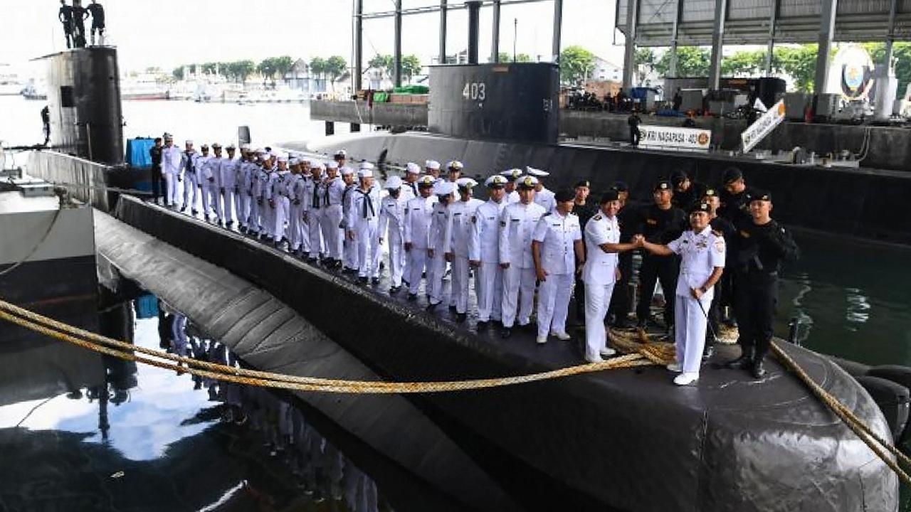 The crew and officers on-board the Indonesian Cakra class submarine KRI Nanggala at the naval base in Surabaya. Picture: AFP