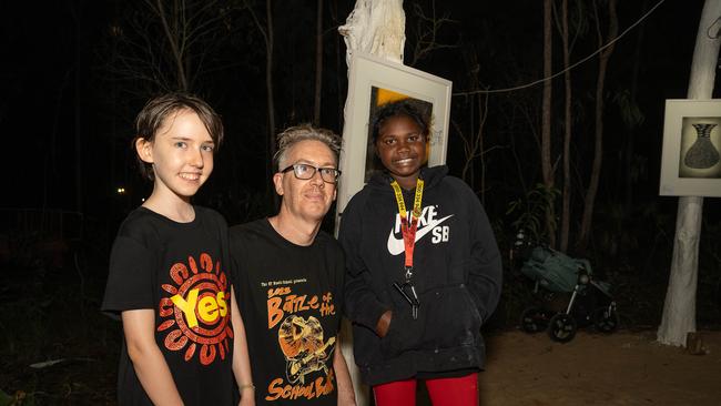 Peach Keogh, Kris Keogh and Marilyn Dhamarrandji at the Gapan Gallery of Garma Festival on Friday August 2023. Picture: Pema Tamang Pakhrin