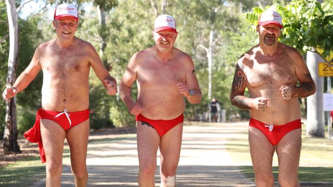 From left, Wendell Rosevear 68, Peter White, 54, and David G, 60, in the Brisbane-based not-for-profit Youngcare 5km Budgie Bolt, University of Queensland, St Lucia. Picture: Liam Kidston