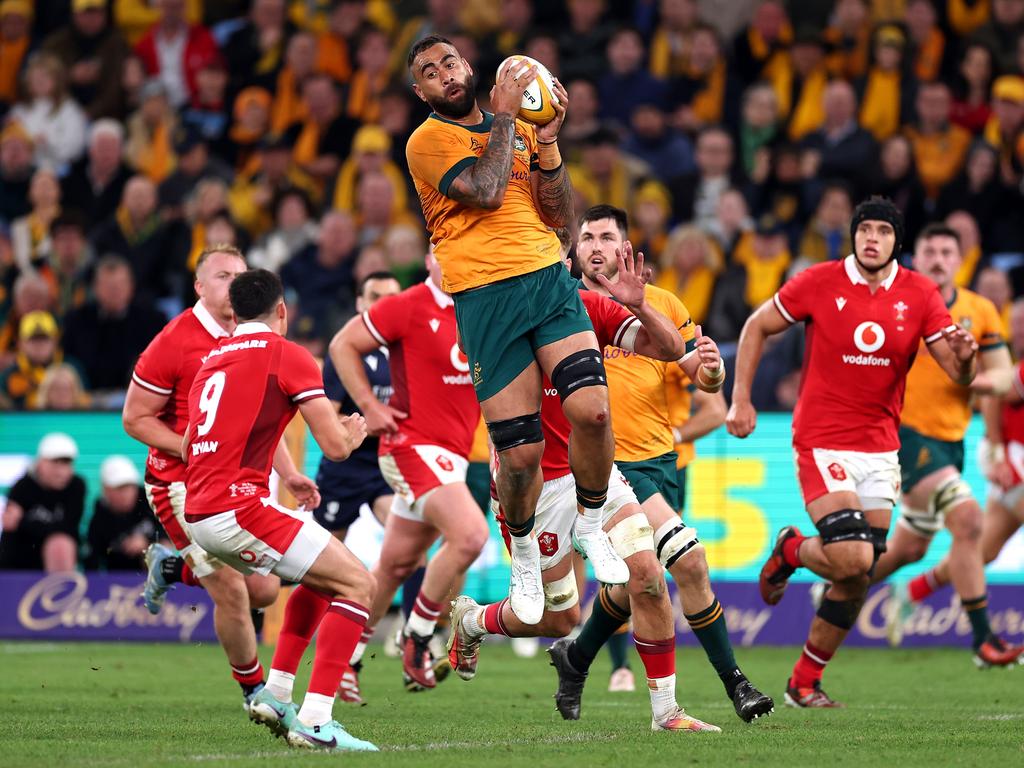 Lukhan Salakaia-Loto takes possession for the Wallabies. Picture: Cameron Spencer/Getty Images