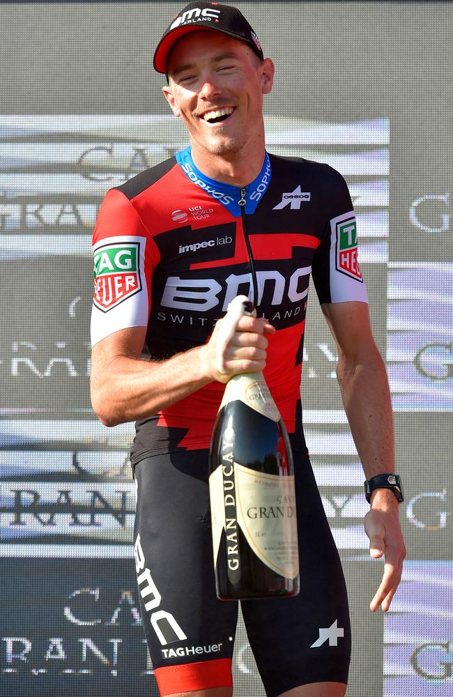 BMC Racing Team's Australian cyclist Rohan Dennis celebrates after winning the 16th stage of the 73rd edition of La Vuelta Tour of Spain cycling race. Picture: AFP