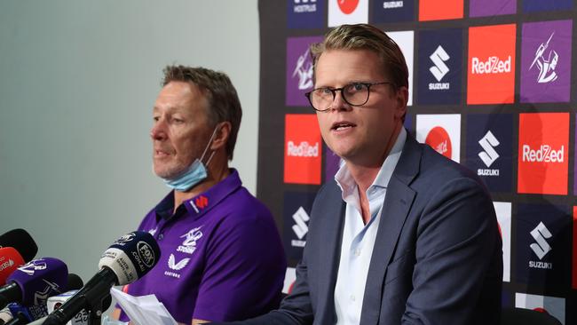 Craig Bellamy with Storm CEO Justin Rodski. Picture: NCA NewsWire/David Crosling