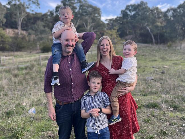 With cost of living pressures biting, Adelaide mum of three Melanie Wegener has become more conscious of limiting unnecessary purchases, while also selling off goods around their home they no longer use to help boost their coffers. She is pictured here with husband Darren and children Finn, 8, Archie, 5, and Banjo, 3. Picture: Supplied