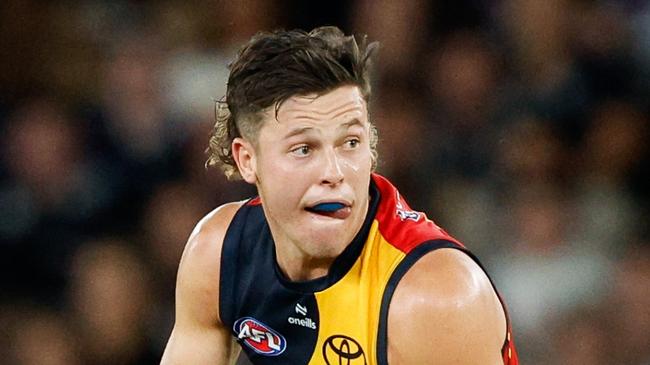 MELBOURNE, AUSTRALIA - APRIL 13: Jake Soligo of the Crows in action during the 2024 AFL Round 05 match between the Carlton Blues and the Adelaide Crows at Marvel Stadium on April 13, 2024 in Melbourne, Australia. (Photo by Dylan Burns/AFL Photos via Getty Images)