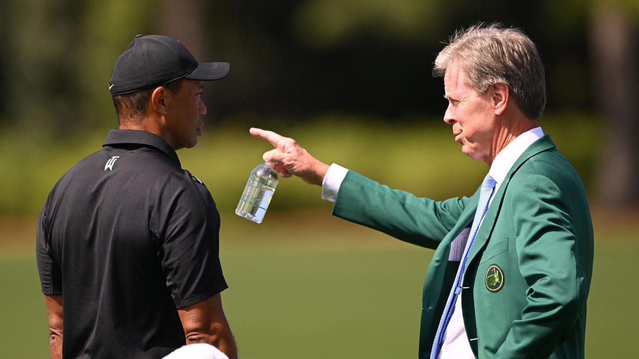 Tiger Woods and Augusta National chairman Fred Ridley. Picture: Ross Kinnaird/Getty Images/AFP