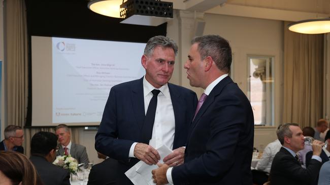 Outgoing NAB CEO Ross McEwan and Treasurer Jim Chalmers. Picture: Britta Campion