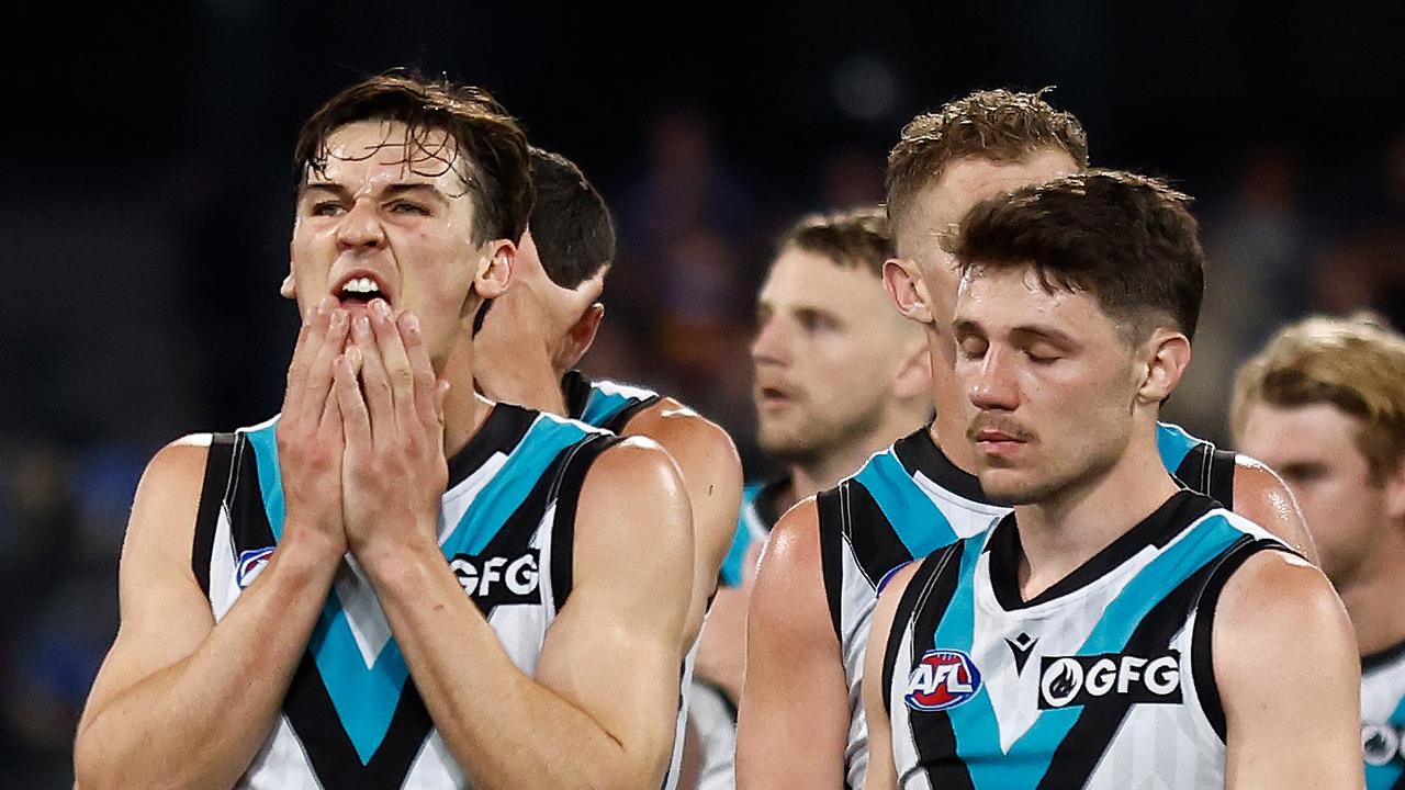 BRISBANE, AUSTRALIA - SEPTEMBER 09: Connor Rozee (left) and Jed McEntee of the Power look dejected after a loss during the 2023 AFL Second Qualifying Final match between the Brisbane Lions and the Port Adelaide Power at The Gabba on September 09, 2023 in Brisbane, Australia. (Photo by Michael Willson/AFL Photos via Getty Images)