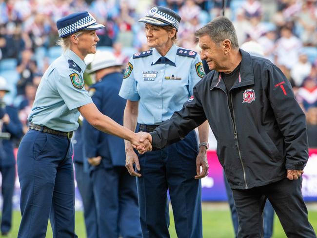 Amy Scott (left) arrives at Allianz Stadium to deliver the football for the NRL match. Picture Thomas Lisson.