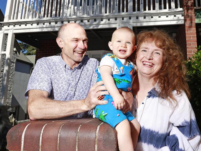 DAILY TELEGRAPH. MAY 2, 2023.Pictured in Randwick today is Steven and Fiona Boersma and their 1 year old grandson Cyrus, who are selling their 1920s home in Randwick after a huge refurb and reno job which involved 4 generations of their family. Picture: Tim Hunter.