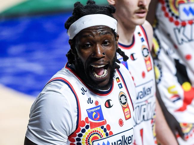 ADELAIDE, AUSTRALIA - OCTOBER 25: Montrezl Harrell of the 36ers   celebrates drawing the foul  during the round six NBL match between Adelaide 36ers and Cairns Taipans at Adelaide Entertainment Centre, on October 25, 2024, in Adelaide, Australia. (Photo by Mark Brake/Getty Images)