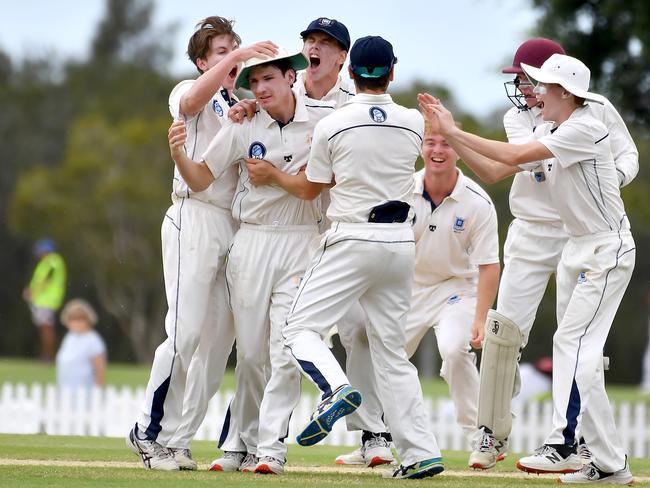 Brisbane Grammar School players celebrate a wicketGPS First XI cricket between Brisbane Grammar School and Terrace.Saturday February 12, 2022. Picture, John Gass