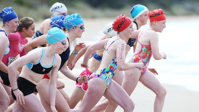 Grade 7 girls take off in the individual event at the Triathlon Schools Challenge at Bellerive. Pictures: NIKKI DAVIS-JONES