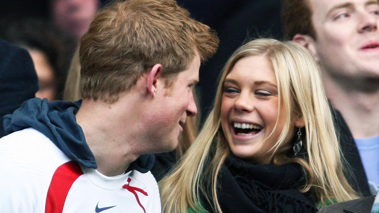 Harry and Chelsy laughing before the start of the England v South Africa rugby in 2008.