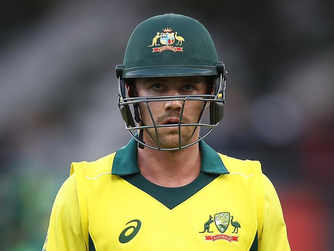 HOBART, AUSTRALIA - NOVEMBER 11: Travis Head of Australia looks dejected after being dismissed by Kagiso Rabada of South Africa during game three of the One Day International series between Australia and South Africa at Blundstone Arena on November 11, 2018 in Hobart, Australia. (Photo by Ryan Pierse/Getty Images)