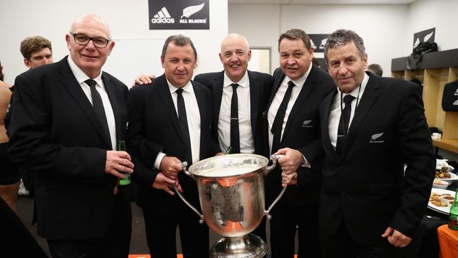 Mike Cron (left), pictured with Ian Foster, Gilbert Enoka, Steve Hansen and Wayne Smith, has joined the Wallabies coaching staff. Picture: Phil Walter/Getty Images