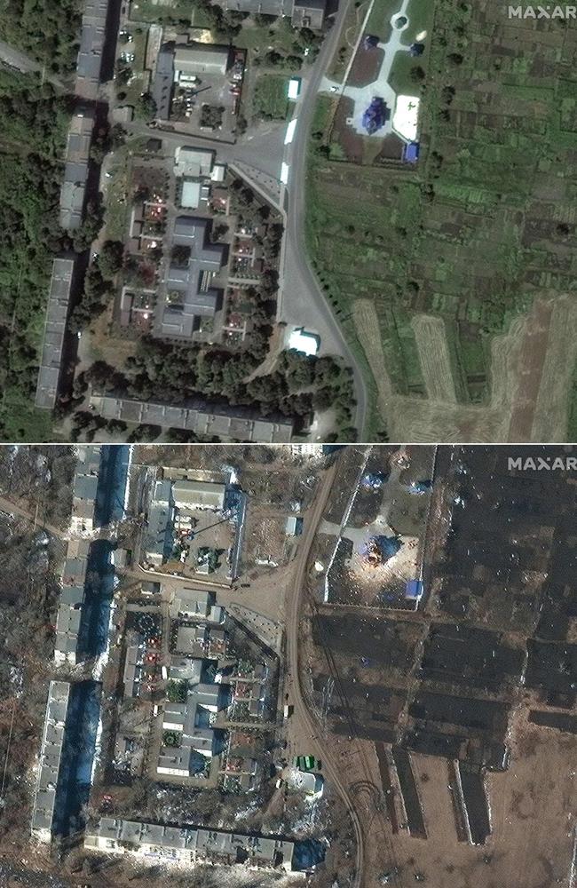 Maxar satellite images show a church and residential apartment buildings in Volnovakha, Ukraine on July 18, 2021 (top) and damage to the church and residential apartment buildings on March 14, 2022 after Russia's invasion of Ukraine. Picture: Maxar Technologies/AFP
