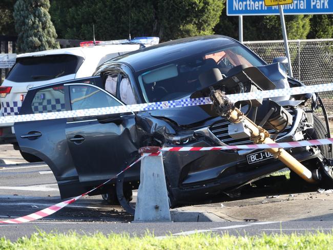 The crashed shooters car on Sydney Rd. Picture: David Crosling