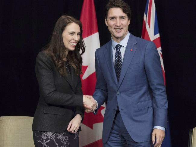 Jacinda Ardern meeting Justin Trudeau at the East Asia Summit in Manila last week. Picture: The Canadian Press/AP