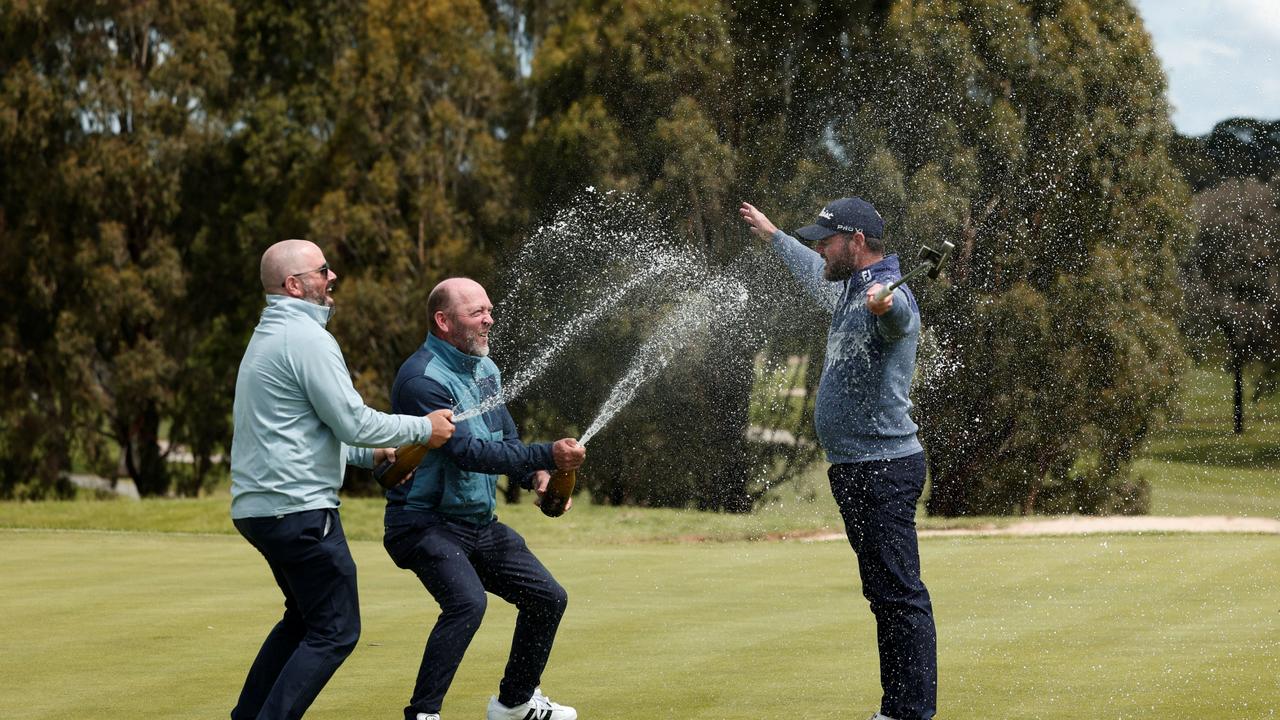 Toowoomba's Sam Eaves (right) celebrates his PGA Professionals Championship National Final title win.