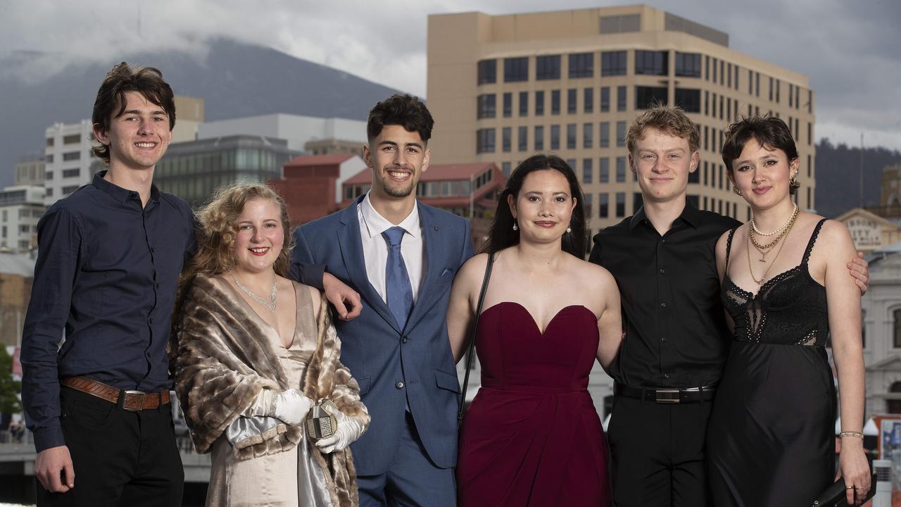 Hobart College leavers Dinner 2021 at the Hobart Function and Conference Centre, Ilya Harper, Imogen White, Bilal Ait Maamar, Aline Kidd, Jonas Rutherford and Charlotte Ocken. Picture: Chris Kidd