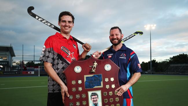 Liam Whipp and Damian Agius will compete for the Dan Carroll premiership shield when Souths and Saints face each other in the Cairns Hockey Association A Grade Men's grand final match. PICTURE: BRENDAN RADKE