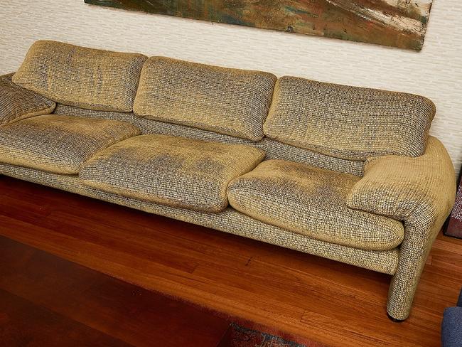 Auction of Bob Hawke & Blanche d'Alpuget Mementos Curiosities Art and Design:Vico Magistretti (Italian, 1920-2006) Maralunga Three Seater Sofa, designed 1973 / c. 1993 manufactured by Cassina, green and blue mohair upholstery, steel frame and black plastic base Measurements: height 70 cm width 240 vm depth 79 cm. Picture: Supplied
