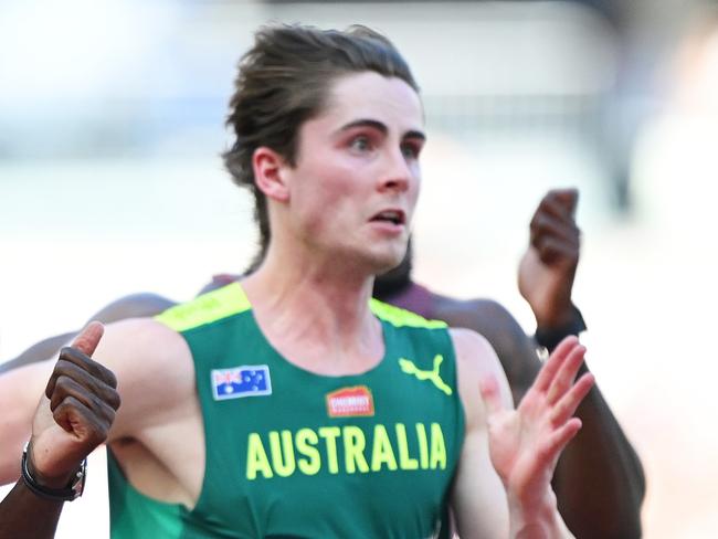 BUDAPEST, HUNGARY - AUGUST 20: Fred Kerley of Team United States and Rohan Browning of Team Australia  compete in the Men's 100m Semi Final during day two of the World Athletics Championships Budapest 2023 at National Athletics Centre on August 20, 2023 in Budapest, Hungary. (Photo by Hannah Peters/Getty Images)